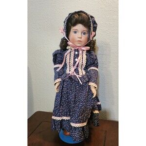 Marian Yu  16" blue dress bonnet porcelain doll girl collectible with stand box